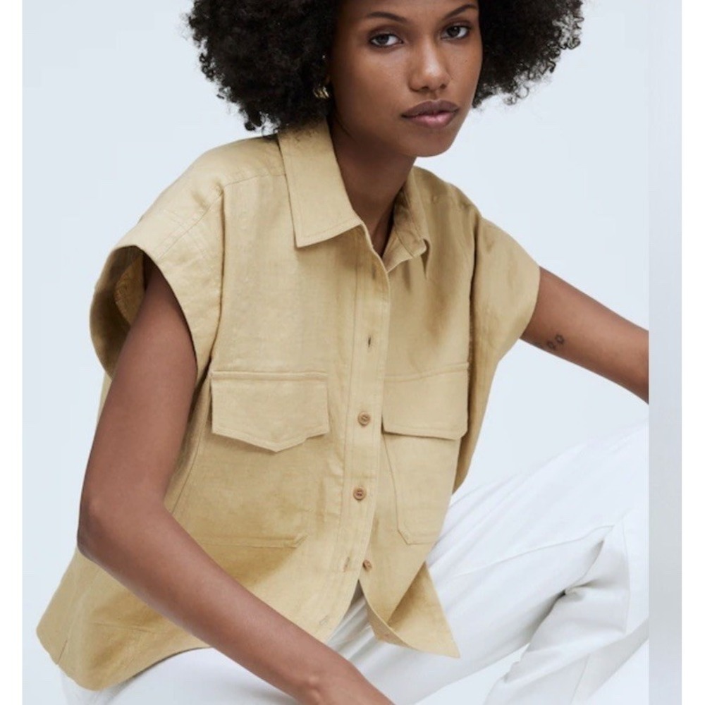 Madewell Flap-Pocket Button-Up Shirt 100% Linen Desert Dune Cropped Lagenlook M - Picture 3 of 7